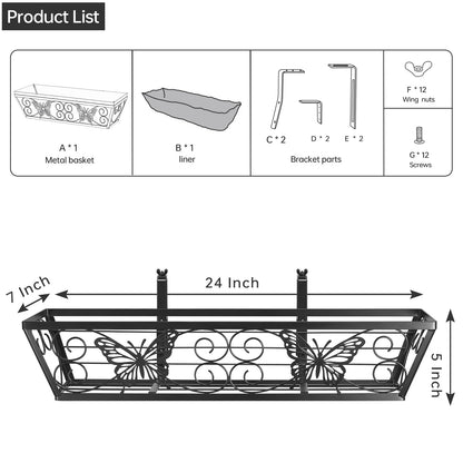 Karlliu 2 Pack 24 Inch Window Boxes Planters Railing Planter Box with Adjustable Brackets for Porch Fence Patio Balcony Hanging Flower Baskets with Woven Fabric for Outdoor Garden Decor - Black