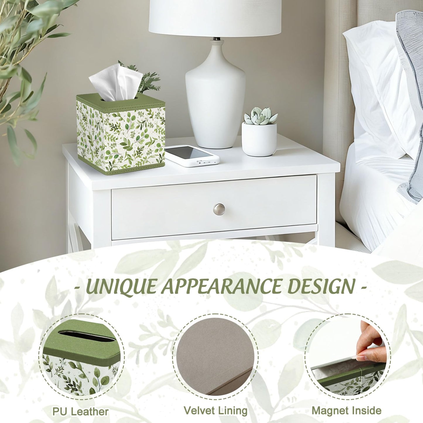 JarThenaAMCS Spring Greenery Tissue Box Cover with Magnetic Closure PU Leather Tissue Holder Green Leaves Square Napkin Box for Home Office Bedroom Countertop Decor