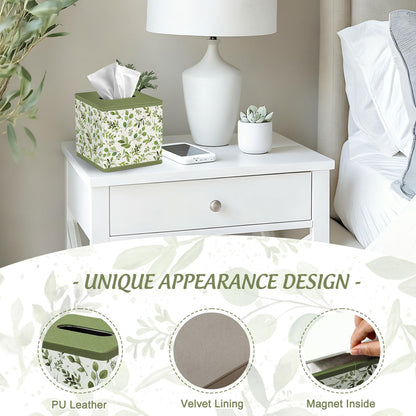 JarThenaAMCS Spring Greenery Tissue Box Cover with Magnetic Closure PU Leather Tissue Holder Green Leaves Square Napkin Box for Home Office Bedroom Countertop Decor