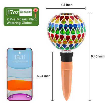 SAVENNA Mosaic Plant Watering Globes with Terracotta Spikes, 17oz Glass Self Watering Globes for Indoor & Outdoor Potted Plants, Decorative Water Drippers, Set of 2