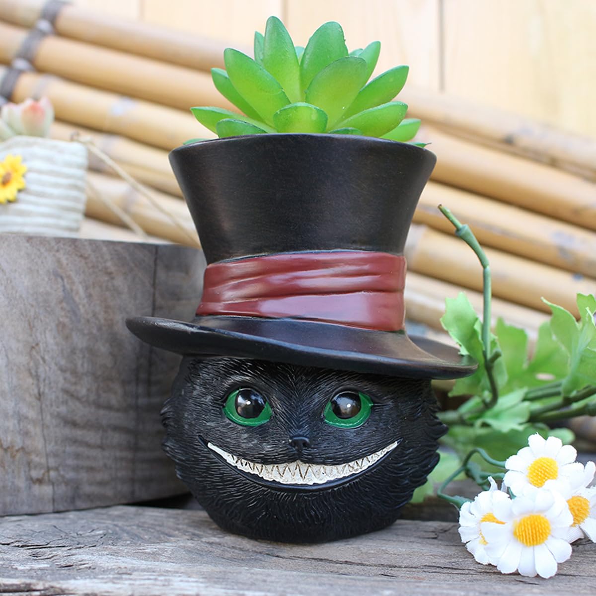 Unique Black Cat Head Little Planter Pot, Cute Succulent Indoor Flower Pot, Funny Novelty Resin Plant Flowerpot with Drain Hole, Cat Pen Brushes Holder, Lovely Desk Room Home Decor