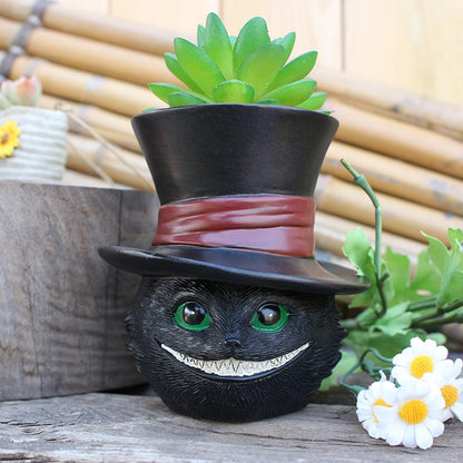 Unique Black Cat Head Little Planter Pot, Cute Succulent Indoor Flower Pot, Funny Novelty Resin Plant Flowerpot with Drain Hole, Cat Pen Brushes Holder, Lovely Desk Room Home Decor