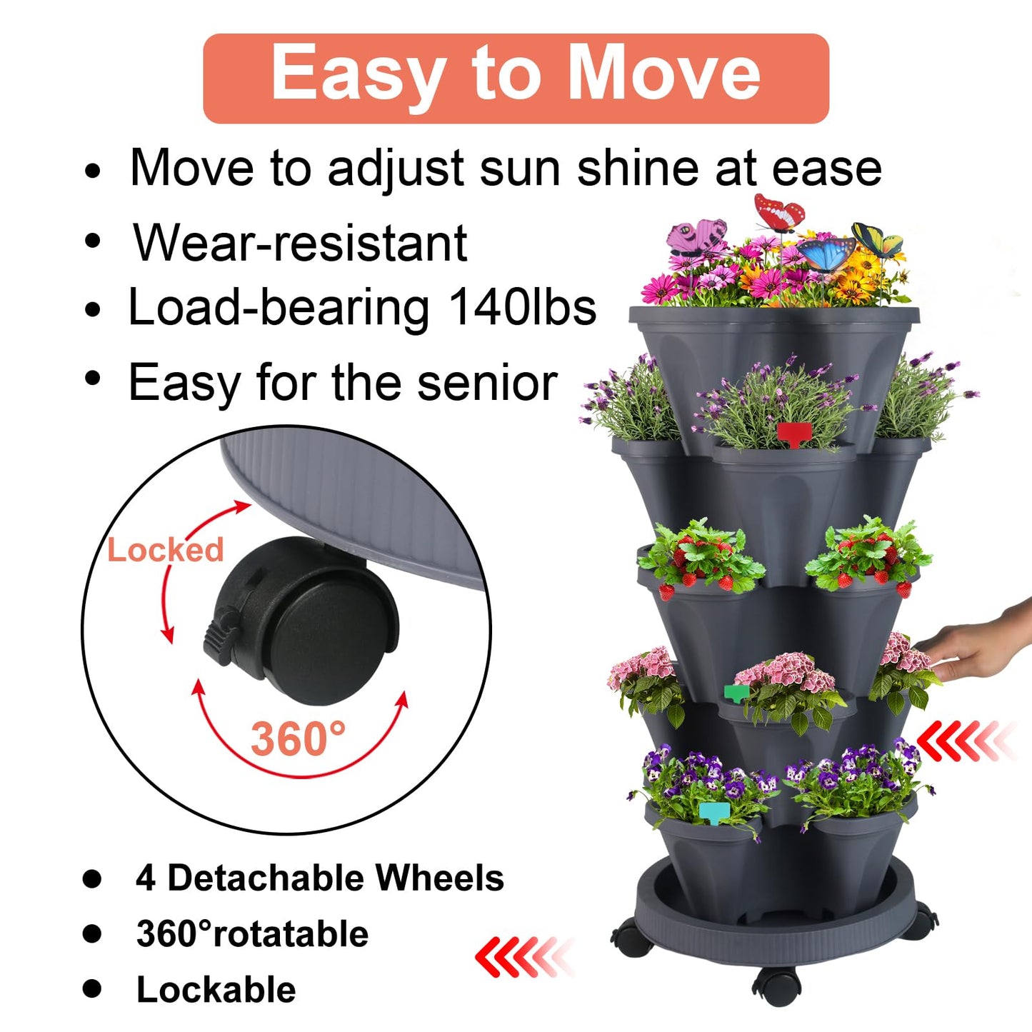 DUNCHATY Stackable Planter, Vertical Strawberry Planter with Garen Tool Set, Self Watering Garden Planter Indoor/Outdoor 5 Tier Herb Planter Pots for Growing Vegetables and Succulents, Dark Gray