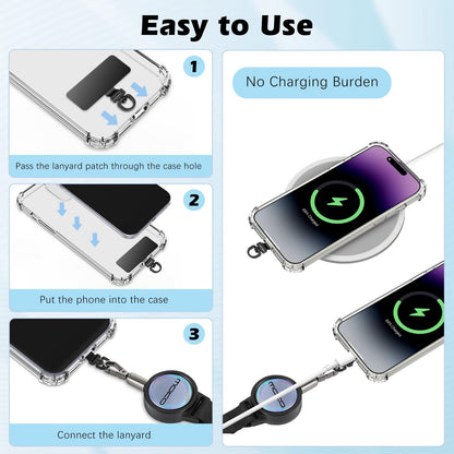 MoKo Anti-theft Phone Tether, Phone Lanyard Retractable Steel Line Cellphone Strap with Locking Carabiner and Metal 360° Tether Tab for Outdoor Skiing Hiking Climbing Fishing, Black&Silver
