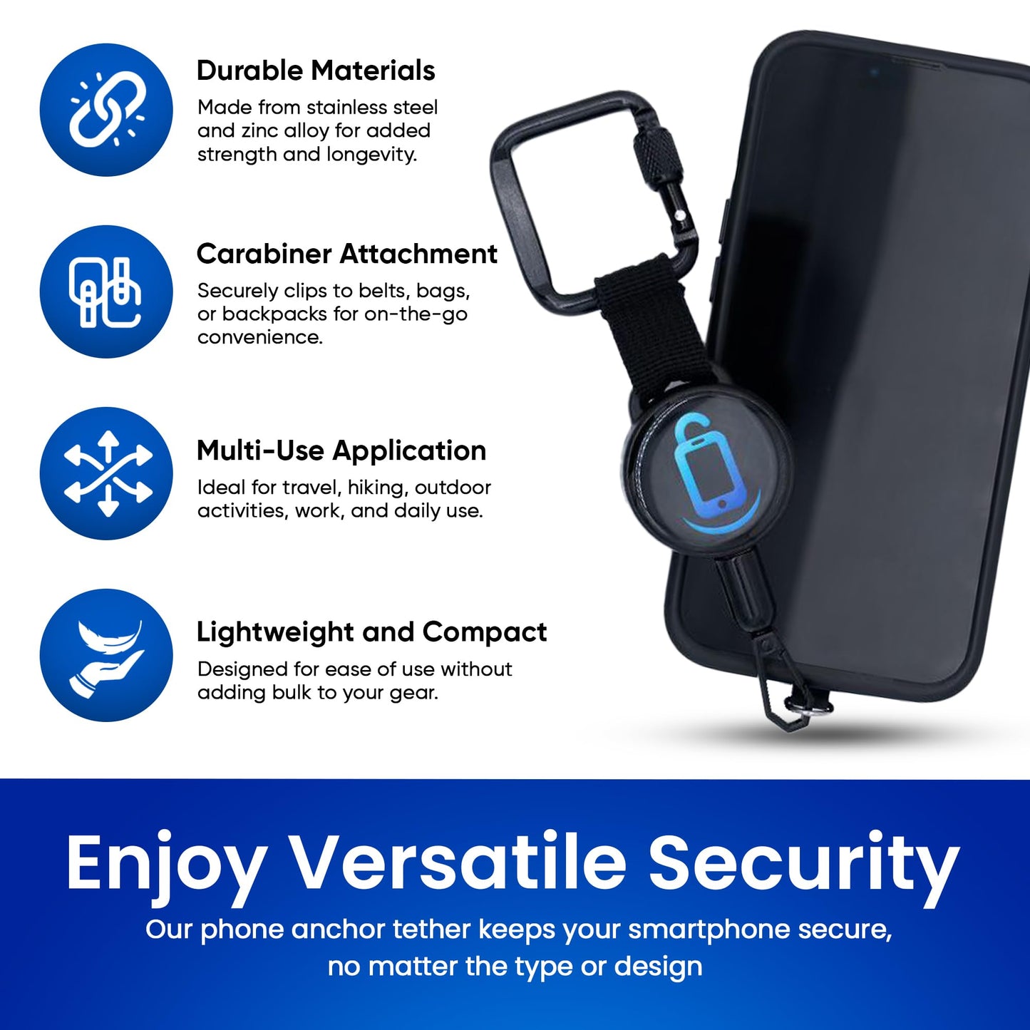 PhoneLockPro - Retractable Anti-Theft Phone Holder with Belt Clip – Durable Stainless Steel and Zinc Alloy – Perfect for Travel, Hiking, Work, and Daily Use – Prevent Drops and Protect Against Theft