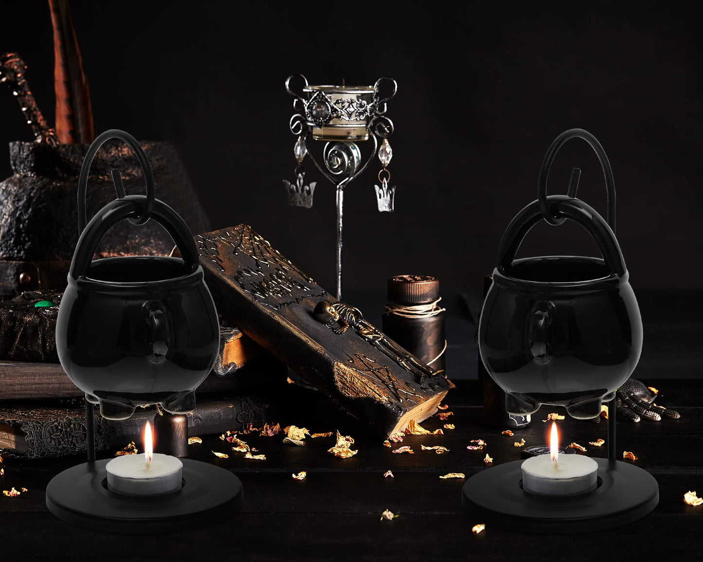 2 Pcs Hanging Pagan Cauldron Oil Burner, Cauldron Wax Warmer Diffuser with Handle 10 Pcs White Tea Lights Candles Witch Decor for Home Wax Melts Christmas Gothic