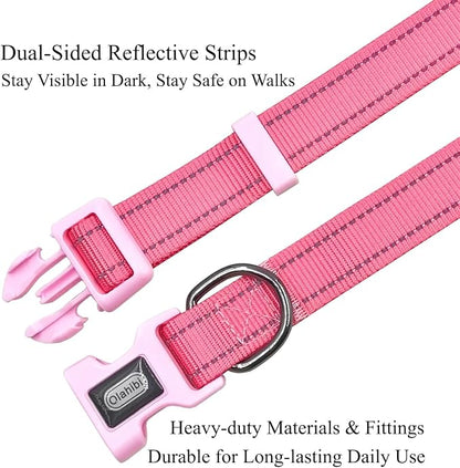 Dog Collar Leash Set, Durable Polyester with Safety Reflective Strips, 5 ft Matching Leash, Neoprene Padded Handle, Adjustable 4 Sizes for Small Medium Large Dogs.(L, Pink)