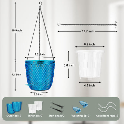 QCQHDU Hanging Planters for Indoor Plants, 2-Pack 7.2 Inch Self Watering Hanging Pots, Plastic Plant Hanger with Drainage Holes and 3 Hooks Chains for Garden Home (Klein Blue)