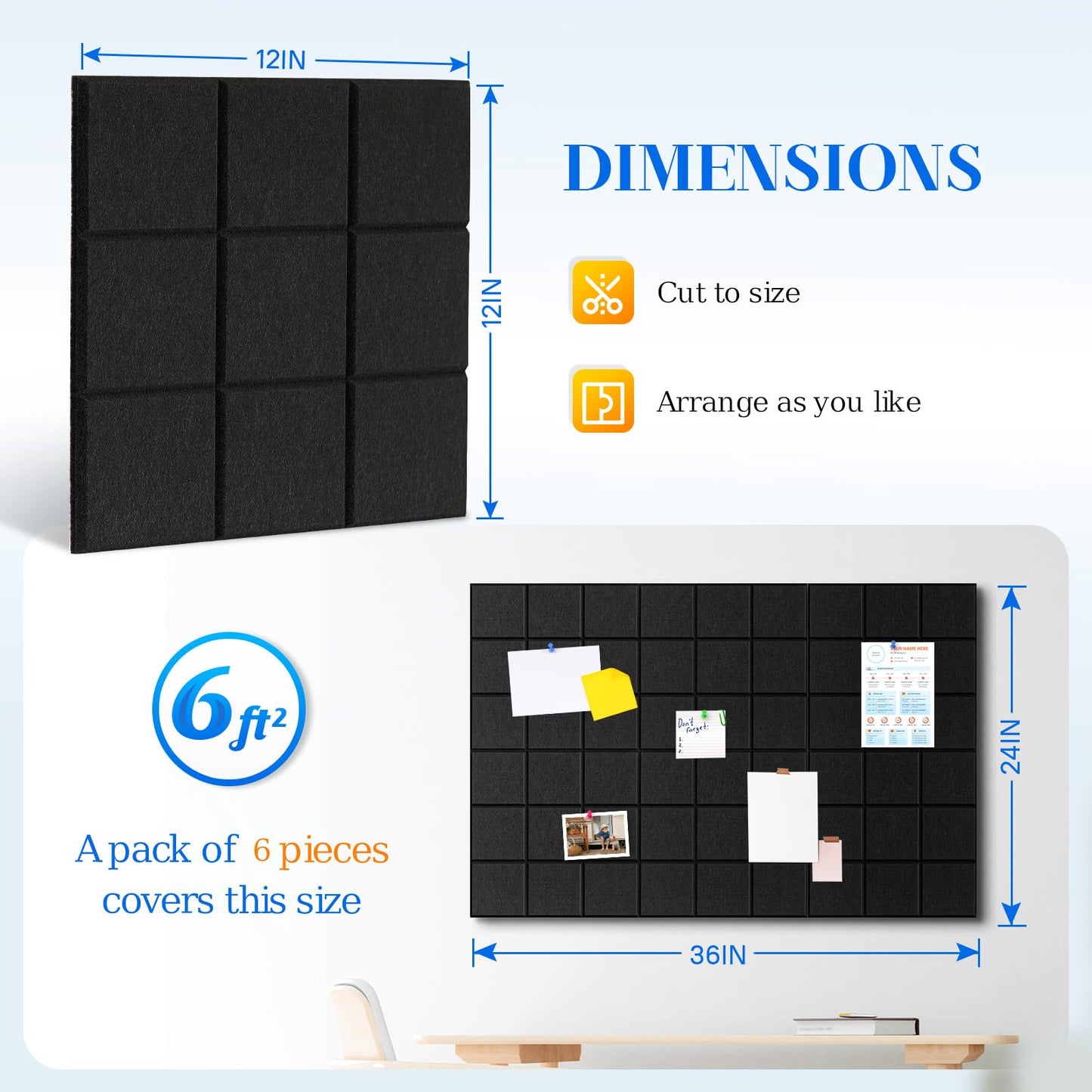 DOLLAR BOSS Felt Cork Board Tiles, 6 Packs 12" x 12" 1/2" Thick Bulletin Board Adhesive Acoustic Panels Soundproof Corkboards for Walls with 60 Pushpins for Home Office Kitchen School, Grid