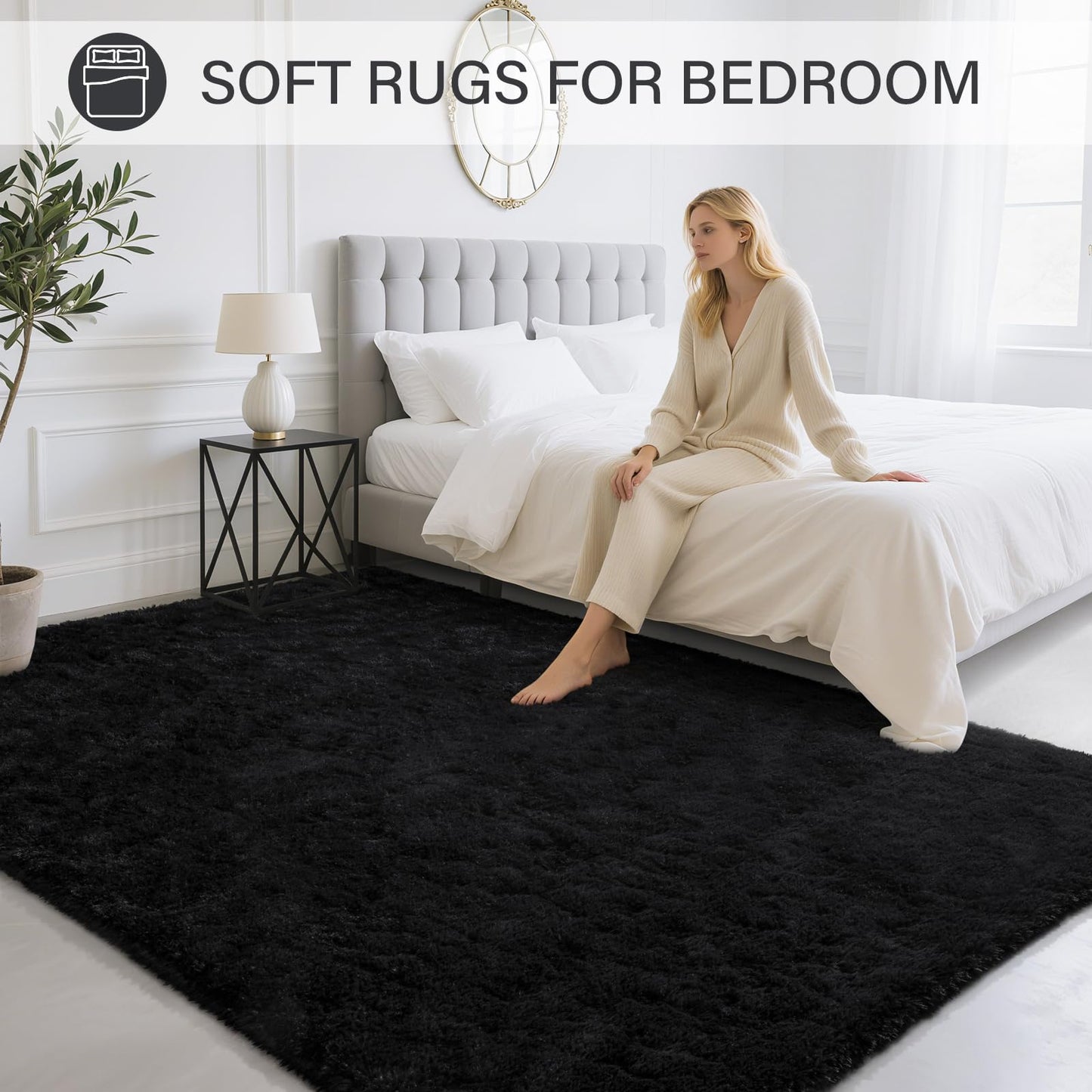 BENRON Fluffy Rugs for Living Room 5x8 Black, Washable Large Area Rugs for Bedroom Dining Table Office Kids Nursery Room, Washable Indoor Floor Carpets