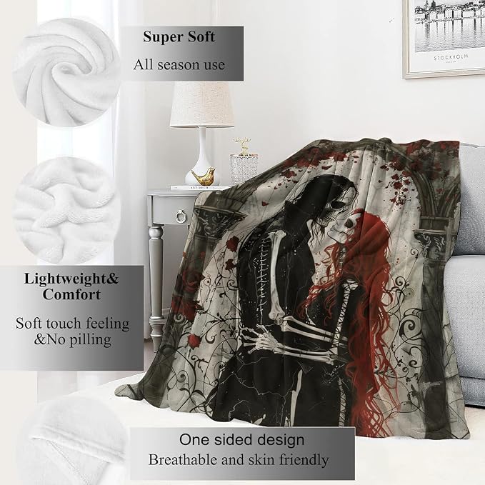 Gothic Romance Skull Lovers Blanket,Red Rose Skeleton Throw Blankets,Gifts for Women Men, Lightweight Soft Fleece Cozy,for Sofa Couch Bed Room Travel,Festival Halloween Goth Decor,50x60in