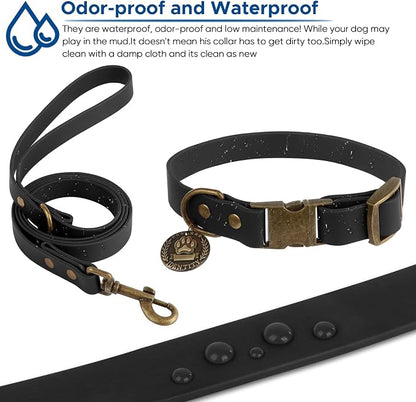 Wisedog Waterproof Dog Collar and Leash Set, Large, Black | Adjustable Puppy Collar, Cute Tag, 5FT Leash, Includes Poop Bag, For Small Medium Large Dogs