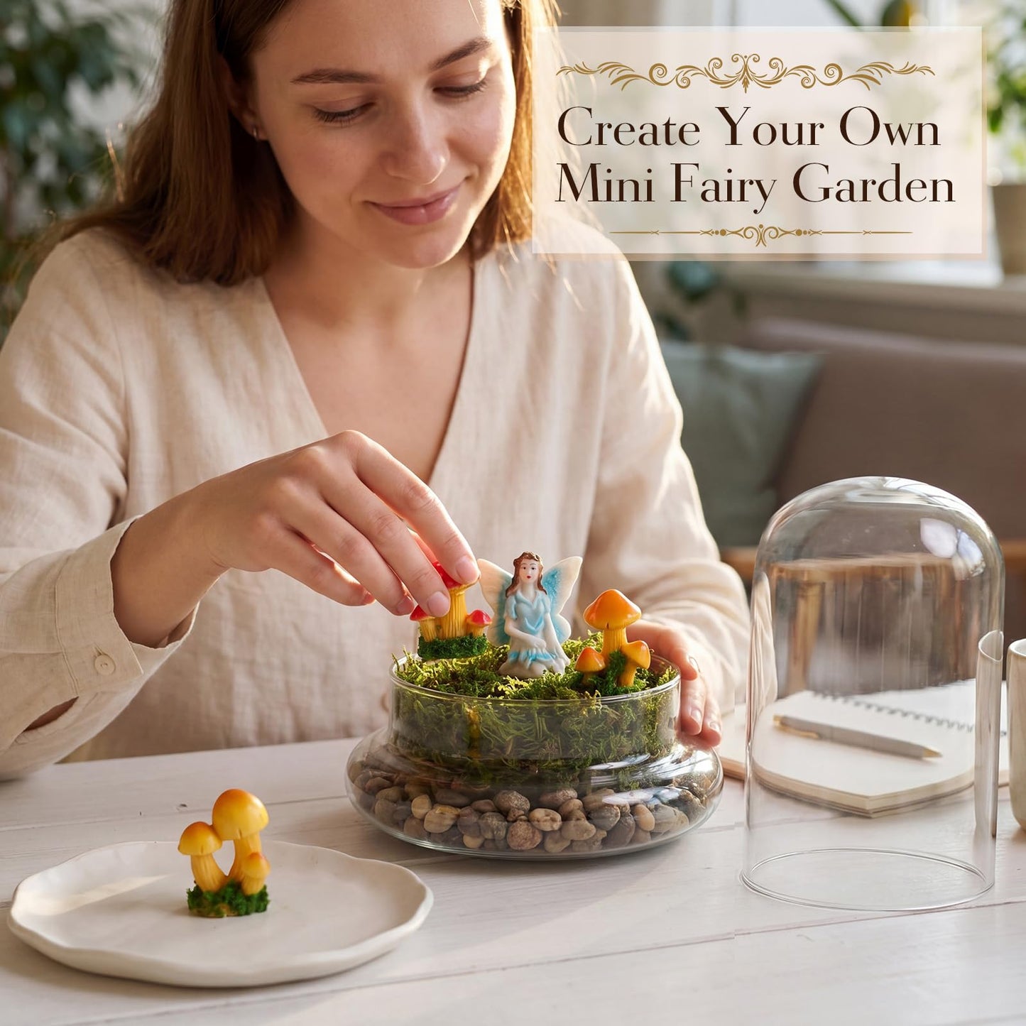 Hushee 5 Pcs 8.2'' x 5.9'' Glass Plant Dome with Mushroom & Fairy Figurines Decorative Humidity Glass Cloche with Base for Indoor Plants Succulents, Miniature Garden Decor for Tabletop - No Plants
