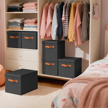 Homsorout Storage Bins with Lids - Large Fabric Closet Bins with Lid, 6 Pack Clothes Organizers and Storage, Collapsible Stackable Cube Basket for Home, Office, Dorm, Black