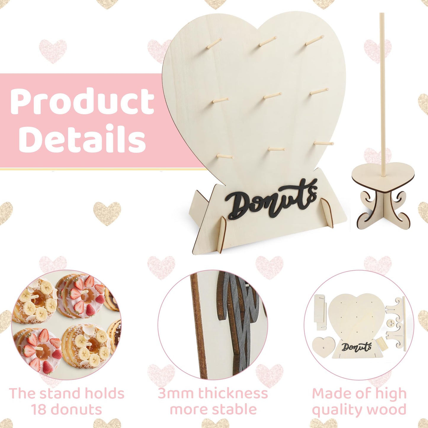 4 Pack Donut Wall Display Stand - 9 Doughnut Heart Shape Holder Board with 2Pcs Donut Tower Stand for Grow Up Party, Birthday, Wedding
