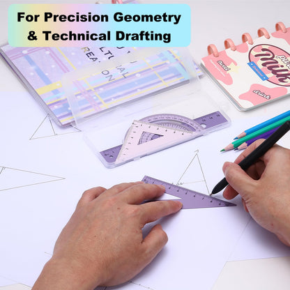 PATIKIL Geometry Set, 2 Pack 8 Inch Aluminum Ruler & 4 Triangles, Metal Protractor Ruler Math Drafting Measuring Tool for Home Office Math Drawing Engineering Art,Gradient Green