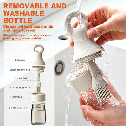 MMJ 2-in-1 Oil Dispenser with Brush, 150ml Glass Olive Oil Bottle with Silicone Basting Brush, Leak-Resistant Sauce Brush Bottle for BBQ, Baking, Grilling, Camping, White
