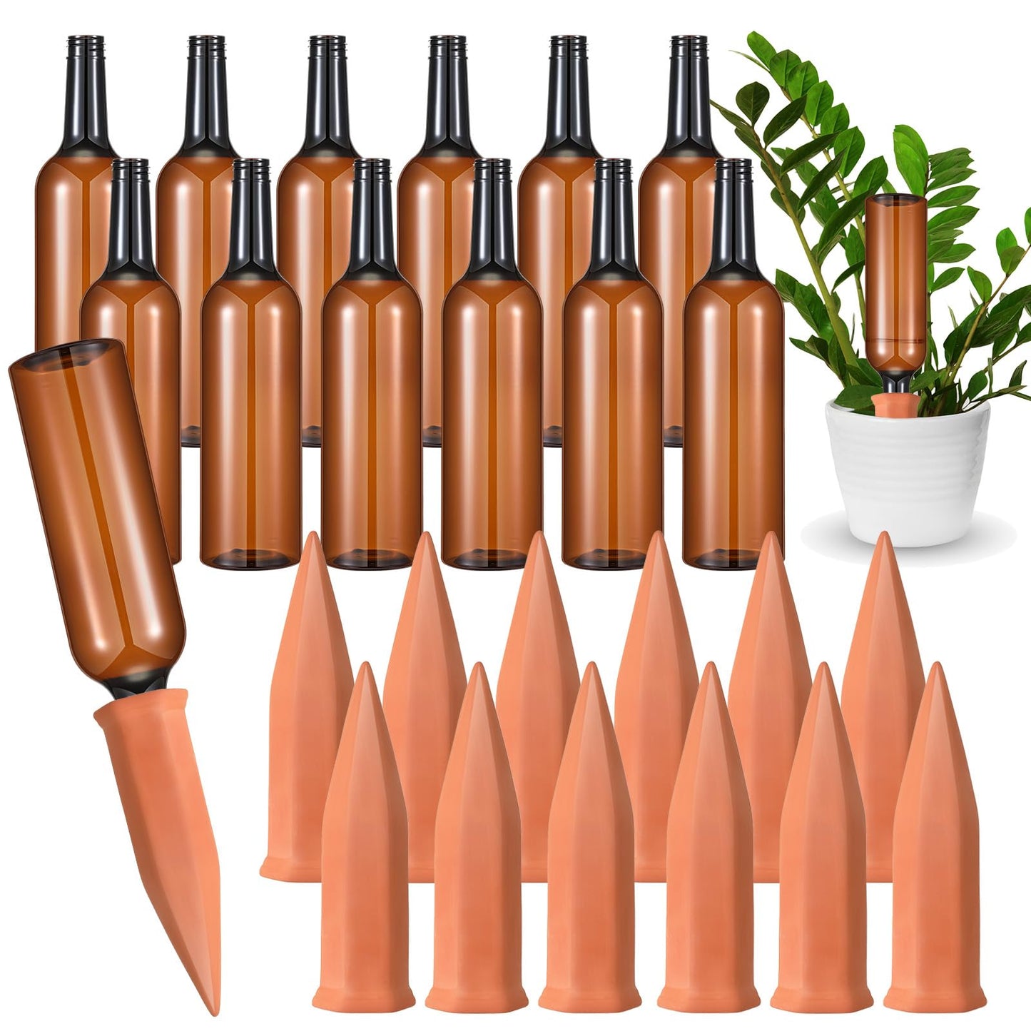 Baderke 12 Set Plant Watering Devices, Terracotta Watering Spikes with 25 oz Plastic Wine Bottles, Slow Release Vacation Insert Automatic Plant Waterer Device for Indoor Outdoor
