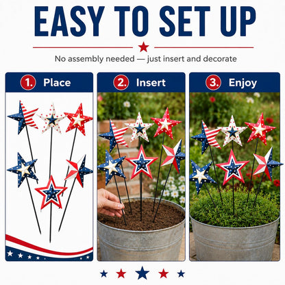 WKHOMEDECO 4th of July Decorations Outdoor 19" Metal Barn Star 6-Pack, Patriotic Outdoor Decorations, Rustic Iron Decorative Garden Stakes with American Flag Stars for Yard Patio Lawn