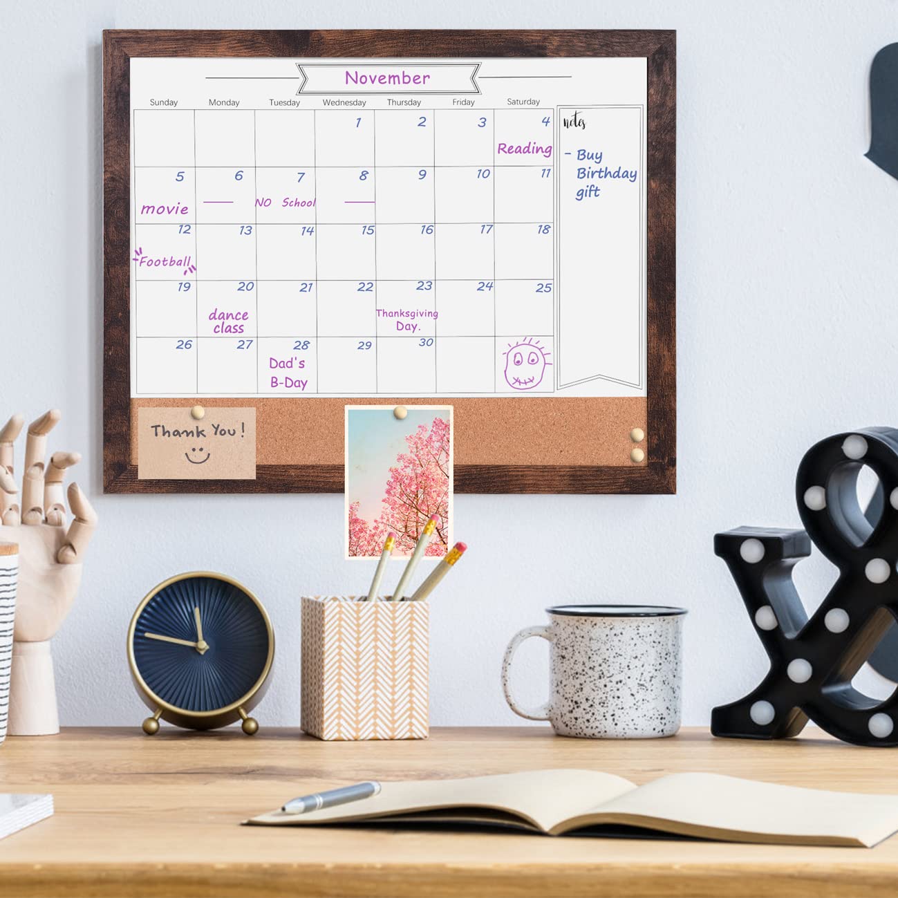 Dry Erase Calendar Whiteboard for Wall, Small Combination Magnetic Dry Erase White Board & Bulletin Board, 13" x 17" Walnut Brown Frame Calendar/Cork Combo Board(WB-3343)