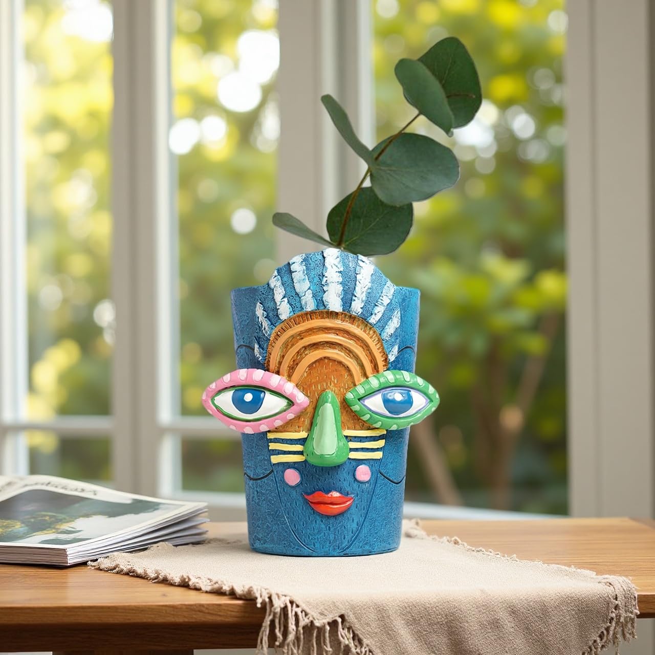 Yhupl Picasso Abstract Face Flower Pot,Plant Pot with Facial Expressions,Handmade Resin Plant Pot with Drainage Holes,for Indoor and Outdoor Botanical Home décor (Blue Small)