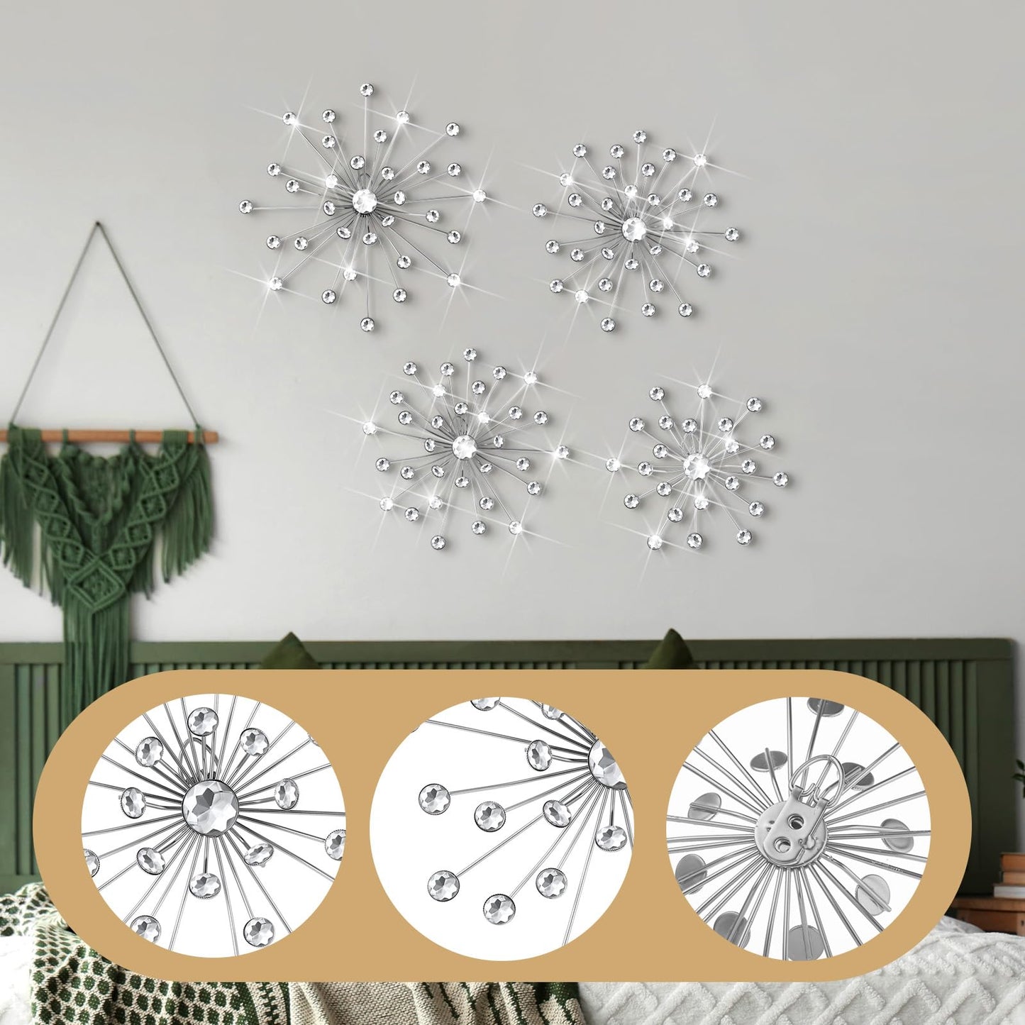Funnymoom 4 Pcs Silver Starburst Wall Decor Metal Bling Wall Art Crystal Silver Sparkling Rhinestones Bling Decorative Hanging Diamond for Living Room Bedroom Home Office