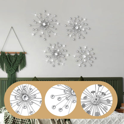 Funnymoom 4 Pcs Silver Starburst Wall Decor Metal Bling Wall Art Crystal Silver Sparkling Rhinestones Bling Decorative Hanging Diamond for Living Room Bedroom Home Office