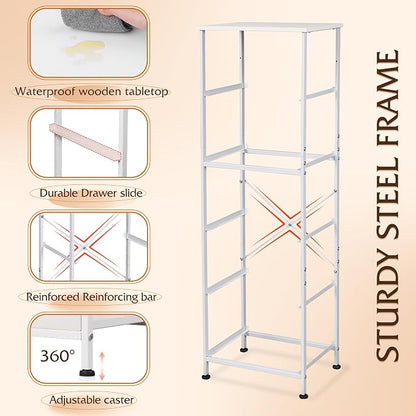 WLIVE Fabric Dresser, 5-Drawer Tall Dressers for Bedroom, Storage Dresser Organizer with Fabric Bins, Wood Top, Sturdy Steel Frame, Chest of Drawers for Closet, Hallway, White