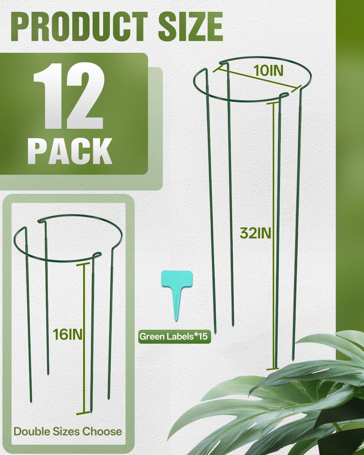 Joyhalo 12 Pack Peony Cages and Supports, 32 Inch Adjustable Plant Stakes for Outdoor Plants, Plant Support Stakes, Peony Cage with 15 Pcs Twist Ties, Flower Stakes Peonies Support Cages for Plants