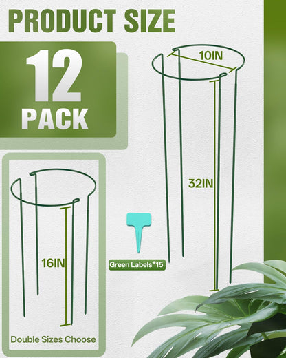 Joyhalo 12 Pack Peony Cages and Supports, 32 Inch Adjustable Plant Stakes for Outdoor Plants, Plant Support Stakes, Peony Cage with 15 Pcs Twist Ties, Flower Stakes Peonies Support Cages for Plants