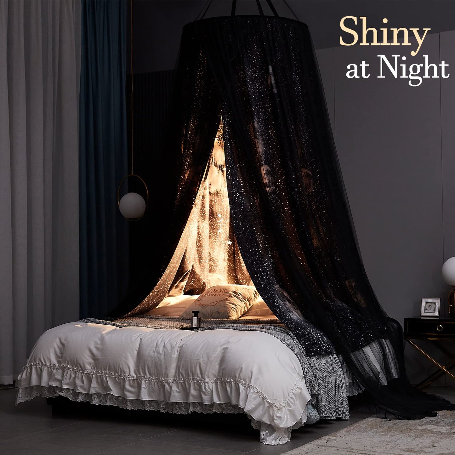 Kertnic Gorgeous Moon Printed Printed Bed Canopy for Girls & Adults, Room Decorative Cozy Bed Curtain Canopy Drapes, Round Dome Luxurious Lace Princess Canopies Mosquito Netting (Print Moon)