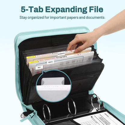 SUNEE Zipper Binder 3 Ring, 3 Inch O-Ring with Handle and Shoulder Strap, 600-Sheet Capacity, 5-Tab Expanding File Folder, Multi-Pockets for Middle School Organizer Binder with Zipper, Sky Blue