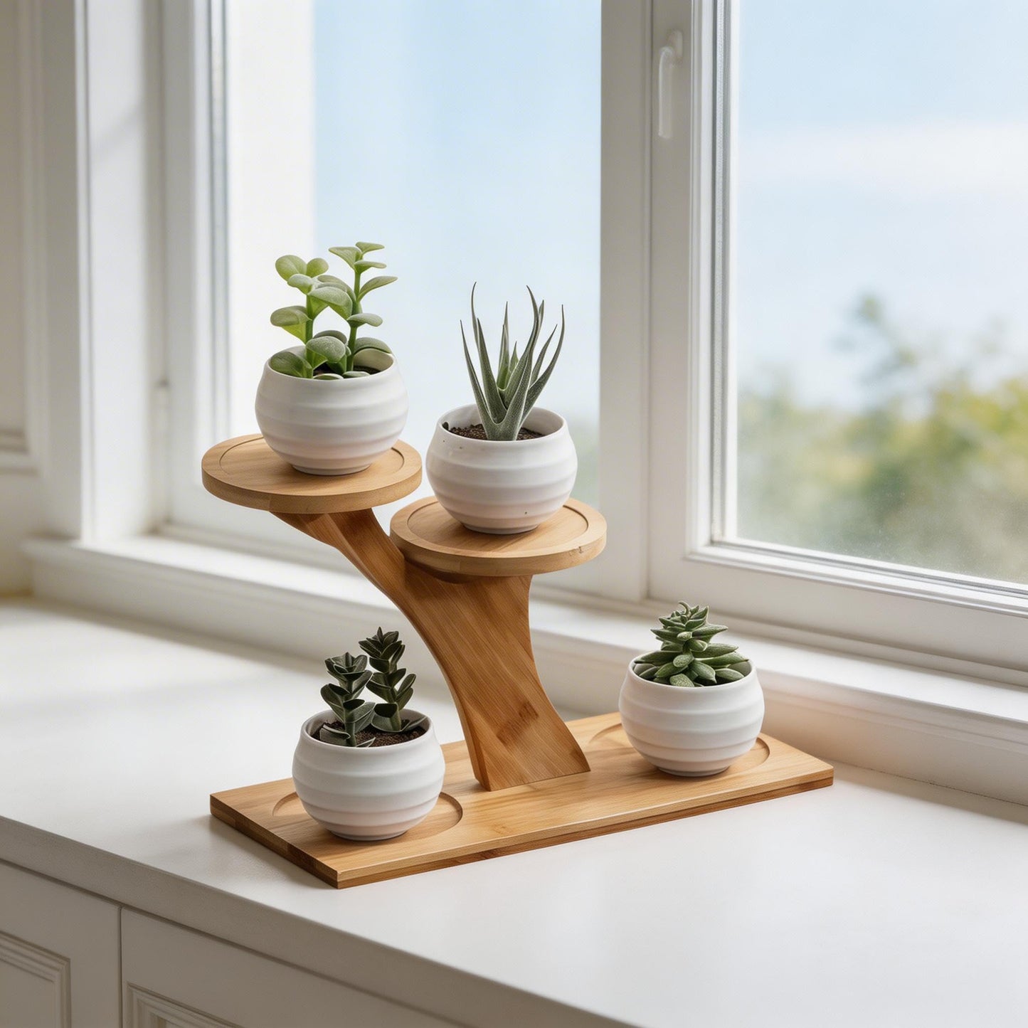 DCAEKUX Bamboo Plant Stand, 3 Tier Window Sill Plant Shelf, Desktop Small Indoor Plant Stand, Bamboo Table Top Plant Shelf for Succulent Herb, Perfect for Window Sill, Living Room, Home Office, Patio Balcony Decor & Gift