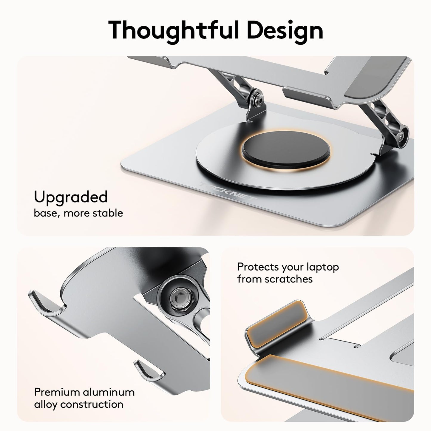 TECKNET Laptop Stand for Desk, 360 Rotating Base, Ergonomic Foldable Computer Stand for Laptop Riser Height Adjustable, Compatible with MacBook Pro, All Laptops 10-17" - Silver