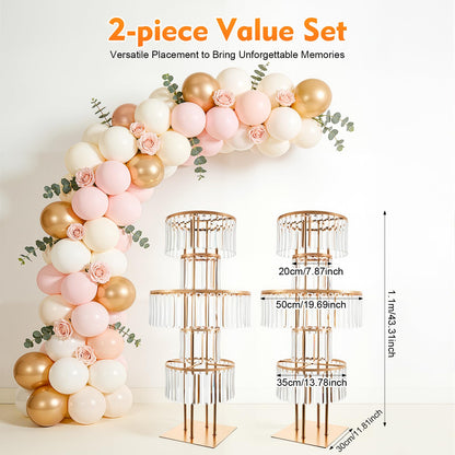 2 PCS 5 Tier Crystal Flower Stands, 43.3in Tall Wedding Centerpieces, Crystal Flower Stand with Hanging Crystals for a Wedding, Birthday Party, Celebration, Home Decoration, Living Room (Gold, Square)