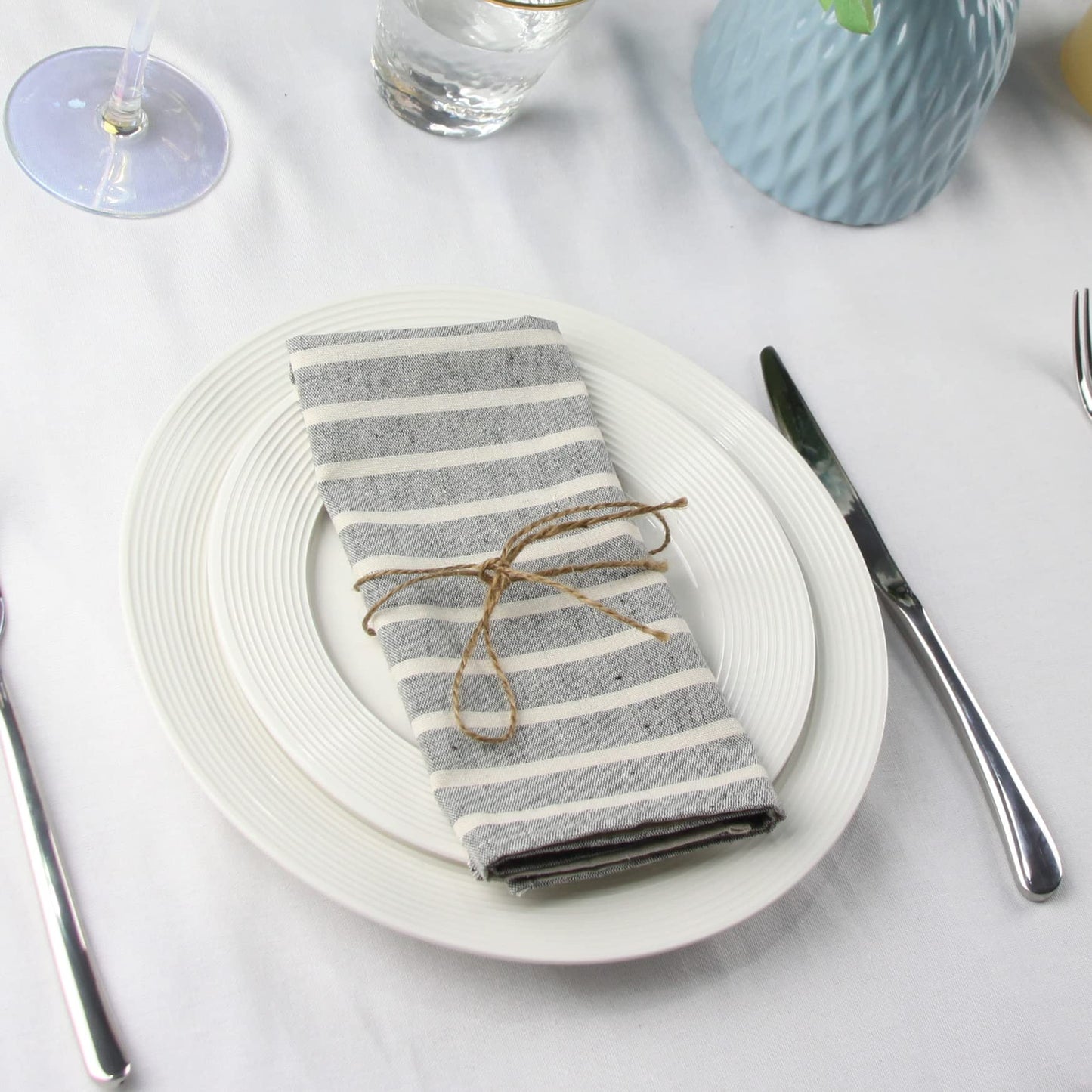 INFEI Broad Striped Cotton Blended Dinner Cloth Napkins - Set of 12 (40 x 30 cm) - for Events & Home Use (Black)
