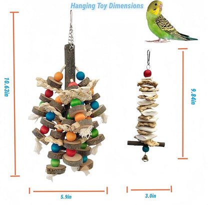 Bird Parrot Toys for Cage, 2 Pack Chew Toys with Apple Wood Slices, Cuttlebone & Colorful Blocks for Parakeets,Cockatoos, Conures, Cockatiels (Apple Wood Chips + Cuttlefish Bone)