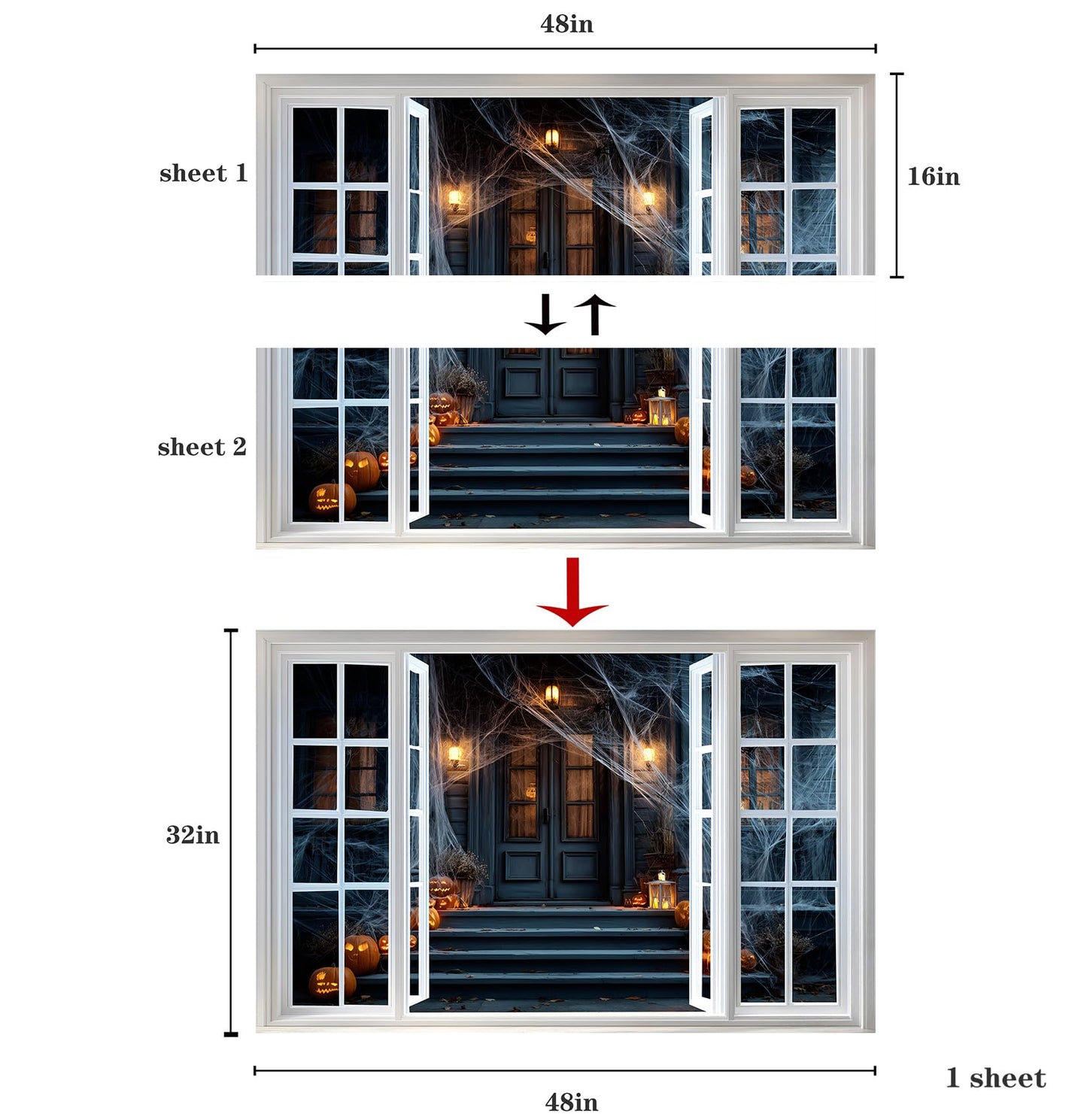 WOOHOOROO Peel and Stick Halloween Fake Window Sticker,Spooky House Scene Wall Decal with Pumpkins and Spider Webs,Removable Self-Adhesive Mural for Home Decor,32" x 48"