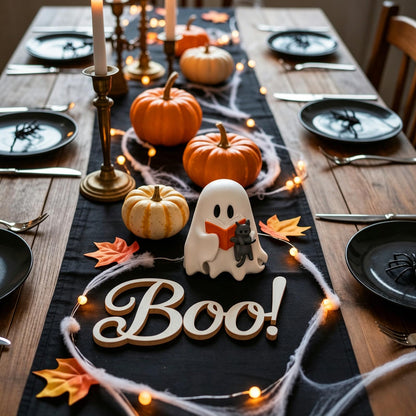 Vicenpal Halloween Ghost Reading Book with Cat Figurine Resin Spooky Tabletop Decor for Indoor Home Office Bookshelf Coffee Table Centerpieces Party Props