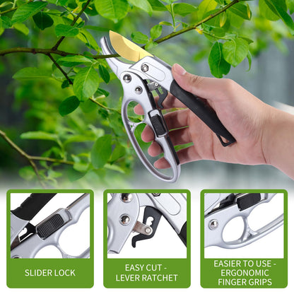 MEPEREZ Garden Clippers, Premium Germany Titanium Pruners, Work 3 Times Easier, Ratcheting Pruning Shears, Cutting Rose, Flower, Hedge, Stem, Tree, Sharp Gardening Scissors, Arthritis Weak Hand Snips