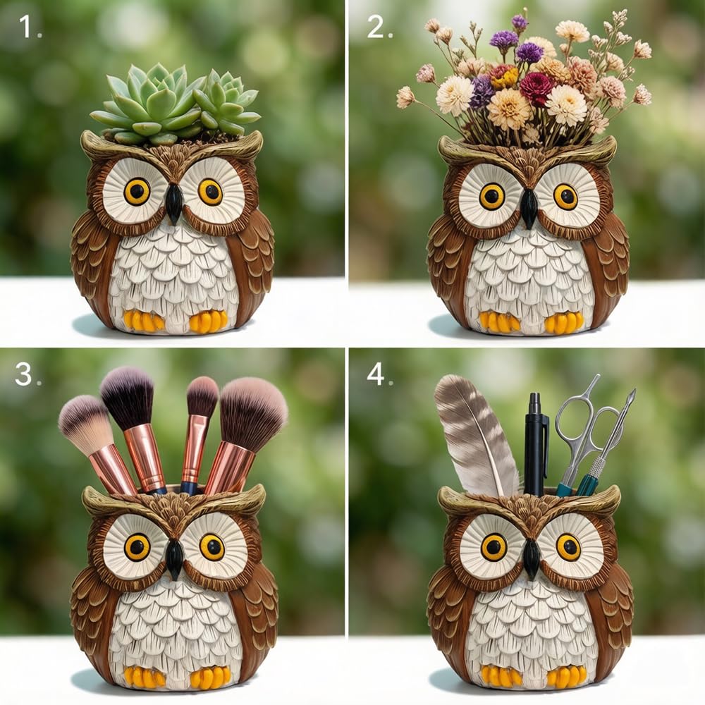 Hand Painted Owl Planter, Owl Plant Pots with Drainage, Garden Succulent Flower Pot for Small Plants, Forest Bird Figurines Home office Decor for Desk Table shelf Patio, Gift for Women Plant Lovers