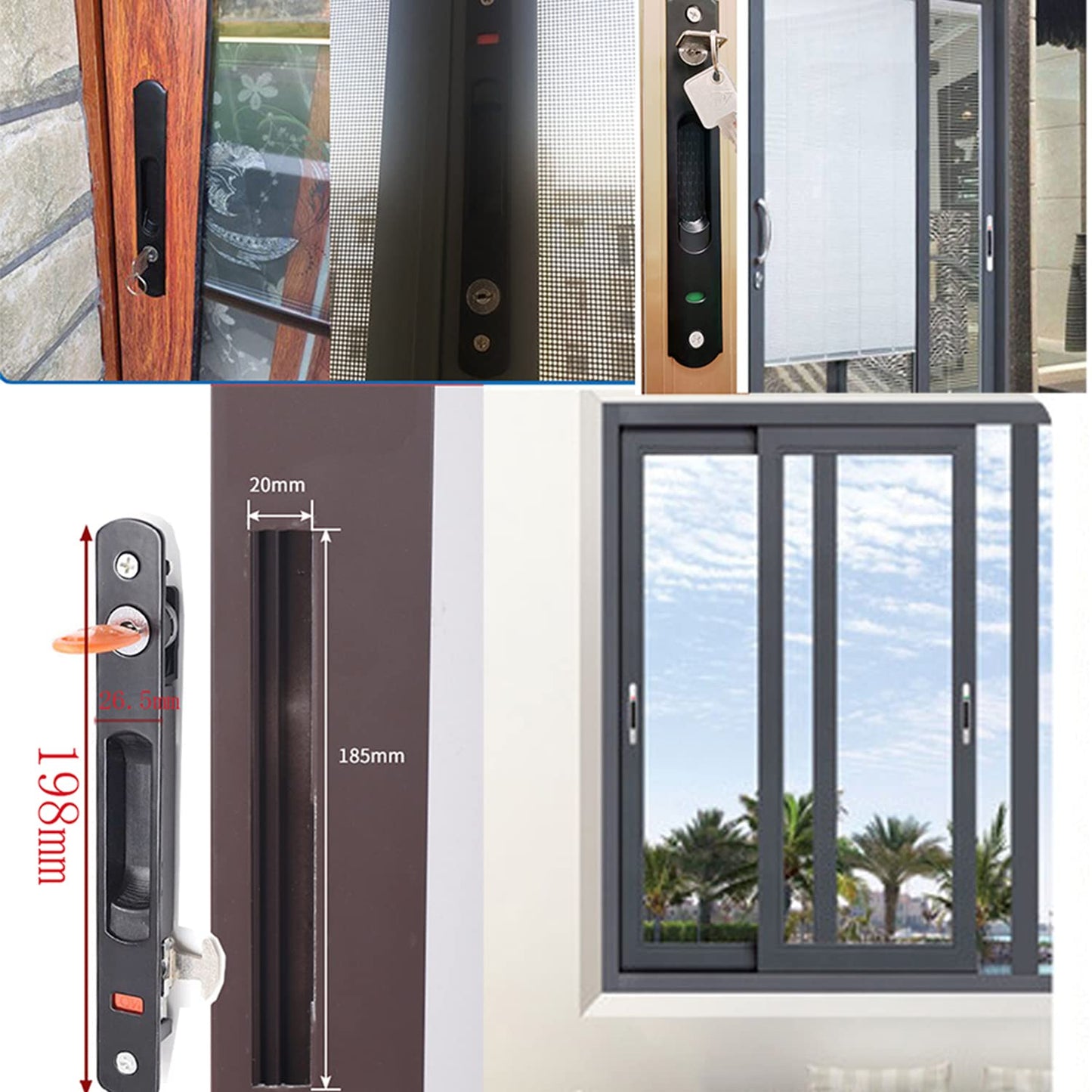 LINSHI Sliding Door Lock 2Pack Diecast Keyed Patio Sliding Door Handle Set for 1 in. to 1-1/8 in. Thick Sliding Glass Doors, Flush Mount, Keyed(Black)