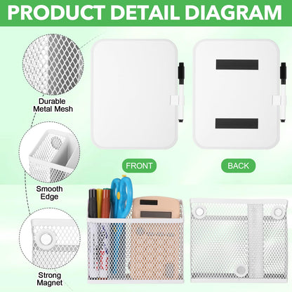 CroBlissful Set of 3 Magnetic Locker Accessories Include Mirror with Bottom Tray Magnetic Whiteboard with 2 Markers and Mesh Storage Basket for Students School Office Locker Organizer(White)