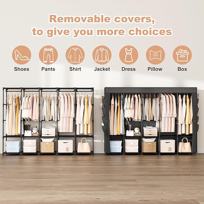 Portable Closet Storage, Portable Wardrobe Closet Organizer Clothes Rack wtih Cover, Hanging Rod, Storage Shelves and Side Pockets, Large Portable Closets for Hanging Clothes, Black