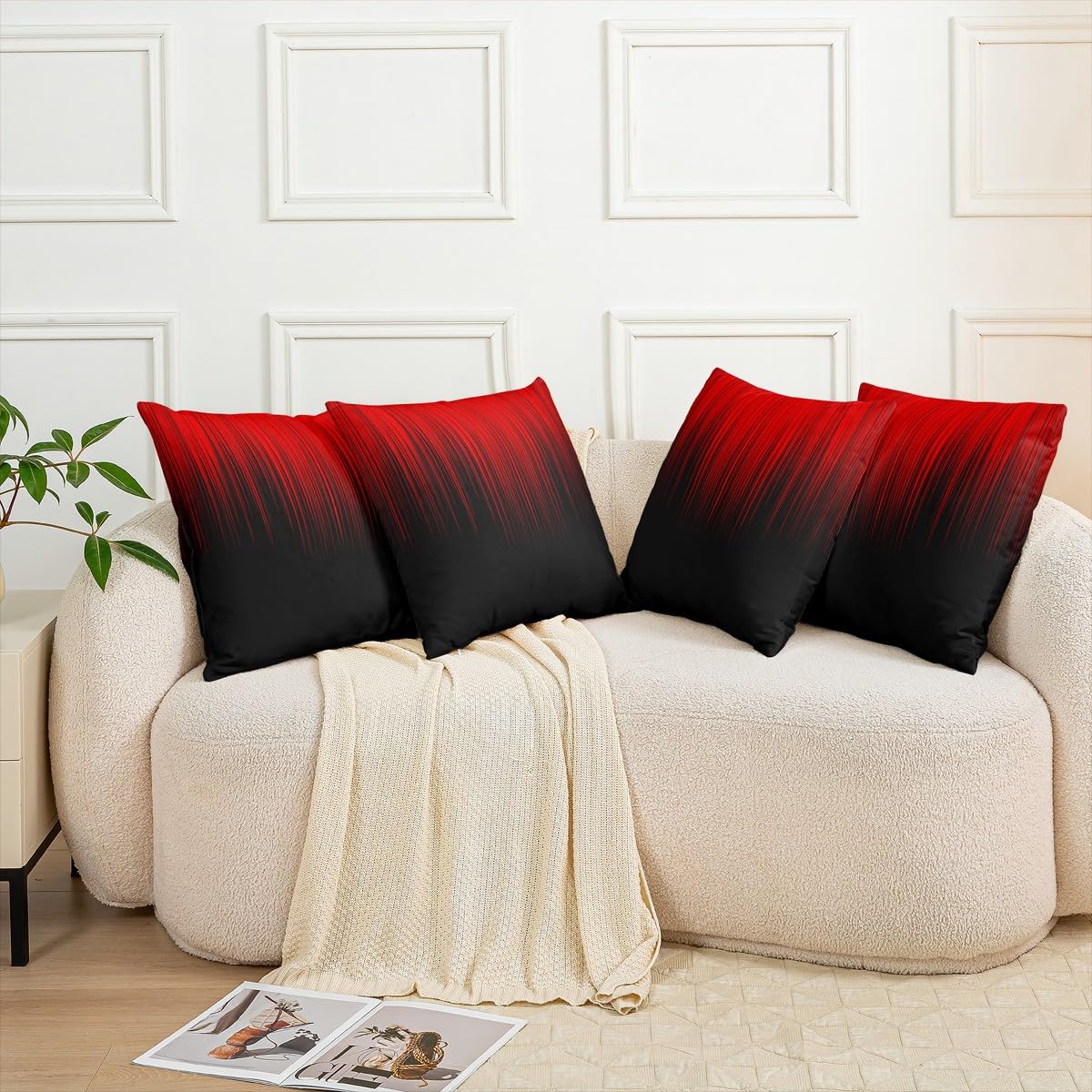 Pack of 2 Geometric Abstract Ombre Decorative Throw Pillow Covers, Soft Red Black Striped Square Cushion Case Set for Couch Sofa Bedroom Living Room, Modern Pillow Cases Pillowcases, 20x20 Inches