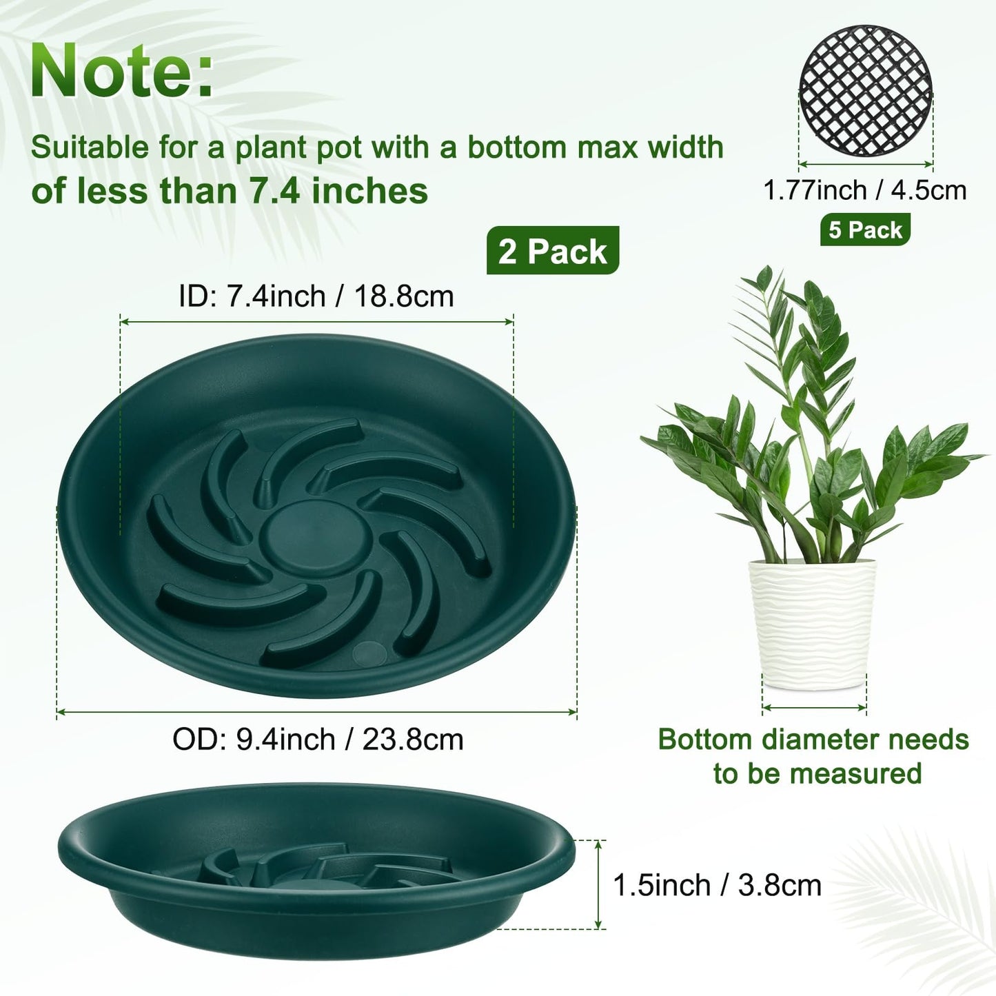 M METERXITY 2-Pack Plant Saucer, 7.4 Inch/ 18.8cm Plastic Plant Trays Thicker for Pots/Indoor/Outdoor/Water Drainage and Protection, Flowerpot Drip Tray [Dark Green]