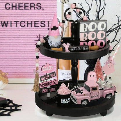 Halloween Decorations - Mini Cute Farmhouse Style Halloween Metal Truck Decor with 3 Removable Mini Ghost Ornaments for Tabletop, Tiered Tray, Shelf, Fireplace and Home Indoor Décor(Halloween-Pink)