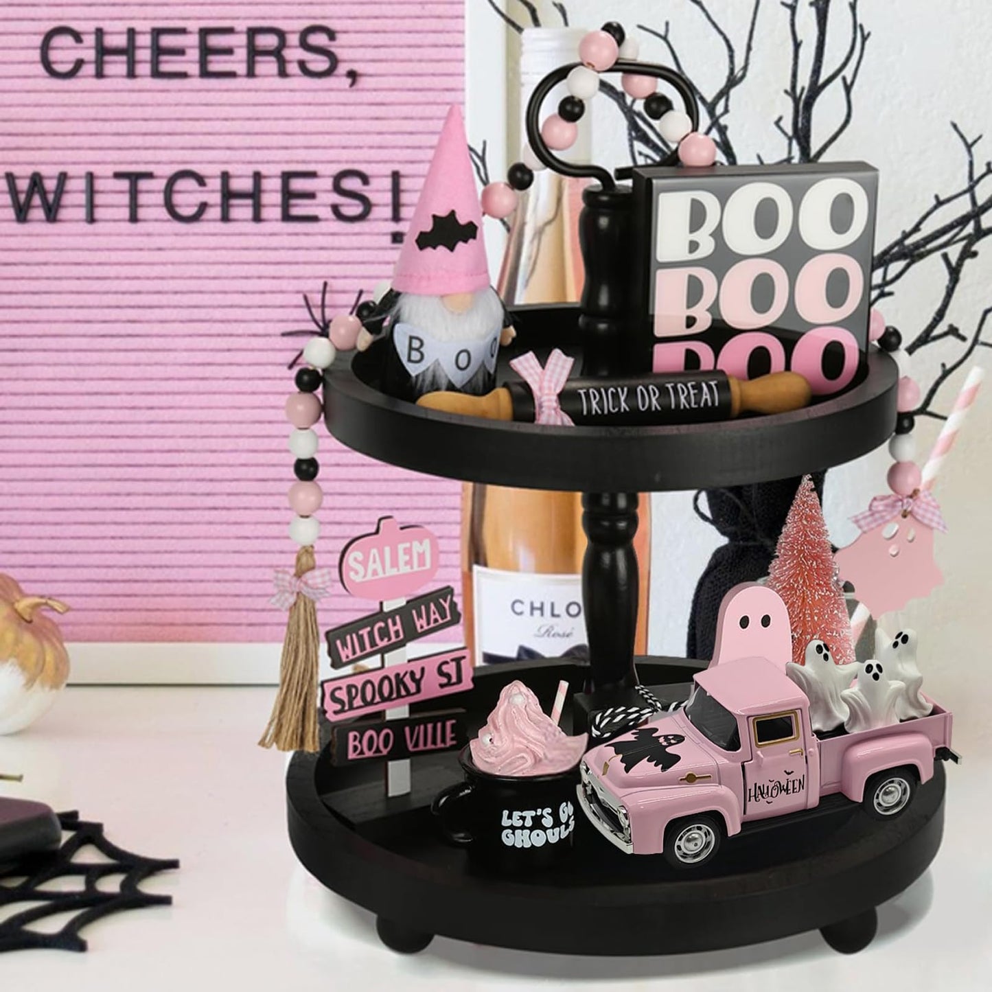 Halloween Decorations - Mini Cute Farmhouse Style Halloween Metal Truck Decor with 3 Removable Mini Ghost Ornaments for Tabletop, Tiered Tray, Shelf, Fireplace and Home Indoor Décor(Halloween-Pink)