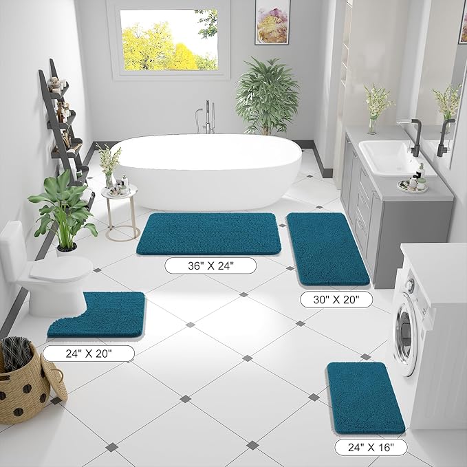 OLANLY Large Bathroom Rugs 40x32, Extra Soft Absorbent Chenille Bath Rugs, Rubber Backing Quick Dry, Machine Washable Bath Mats for Bathroom Floor, Tub and Shower, Home Decor Accessories, Peacock Blue