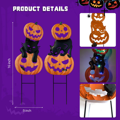 HONGLAND Halloween Decorations Solar Lights, 2 Pack Outdoor Waterproof Metal Pumpkin Stake with Black Cat Jack-o-Lantern for Yard, Garden, Pathway